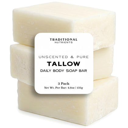 TRADITIONAL NUTRIENTS pack of three unscented tallow soap bars showing packaging and size.