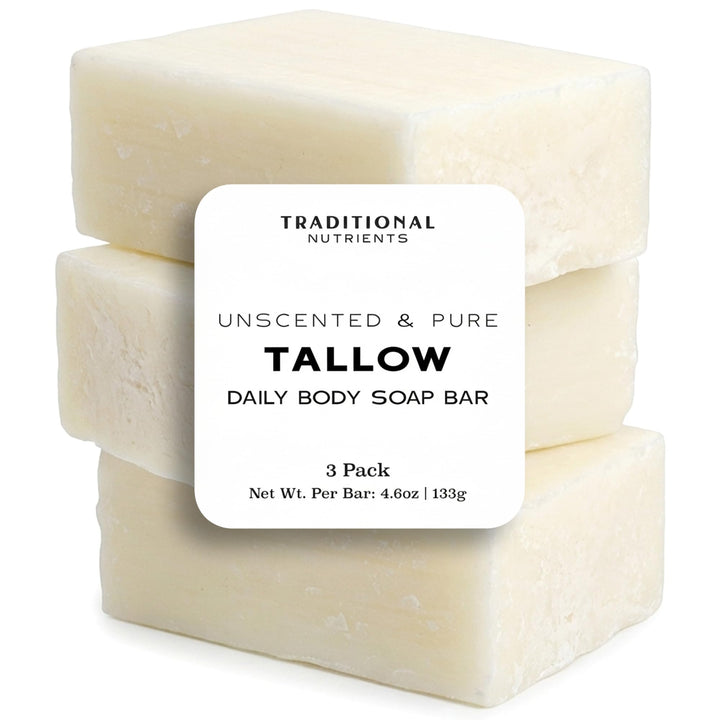 TRADITIONAL NUTRIENTS pack of three unscented tallow soap bars showing packaging and size.