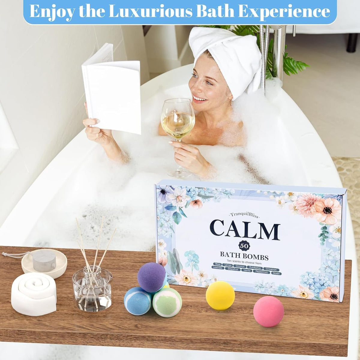 TranquilBliss lifestyle bathtub scene with bombs creating a relaxing atmosphere