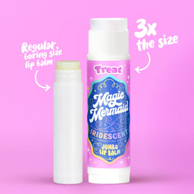 TREAT jumbo lip balm open with visible balm surface and creamy texture for easy glide