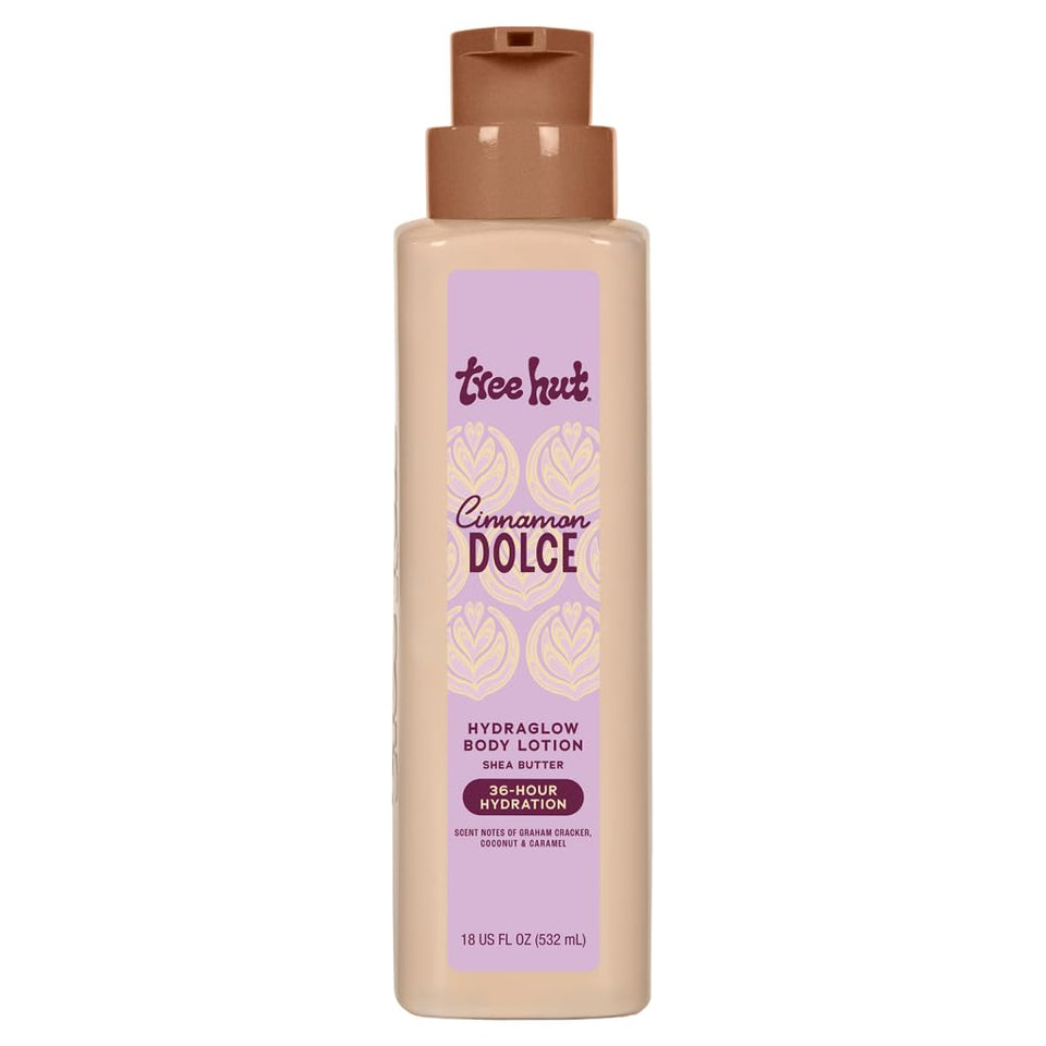 Tree Hut front bottle showing label and cinnamon dolce scent benefits