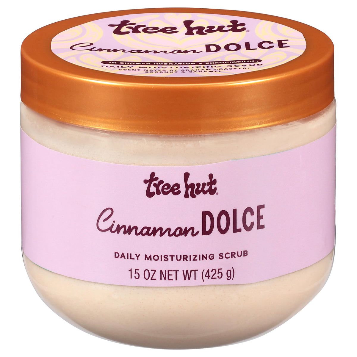 Tree Hut Cinnamon Dolce front jar showing label and 15 oz size for clear product ID and benefit