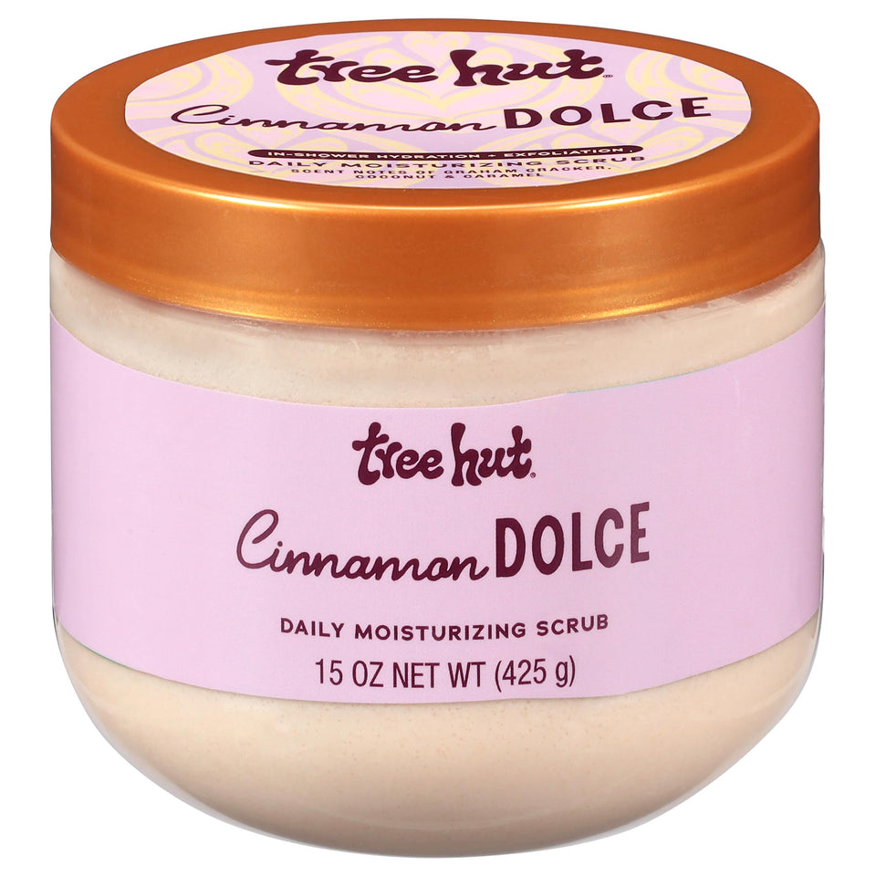 Tree Hut Cinnamon Dolce front jar showing label and 15 oz size for clear product ID and benefit