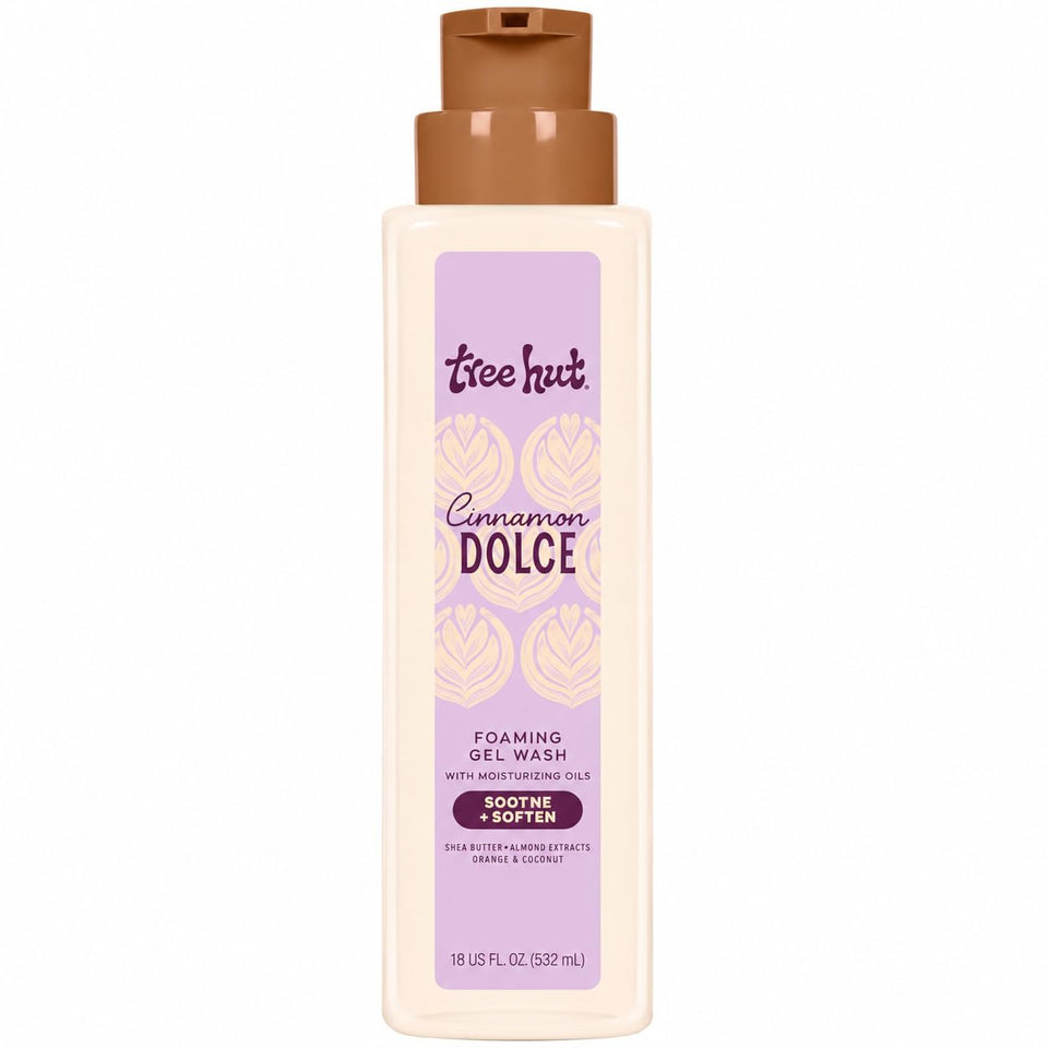 Tree Hut front pump bottle showing full cinnamon dolce packaging and benefits