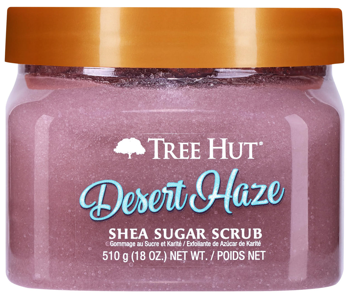 Tree Hut jar front view showing Desert Haze label and size benefits