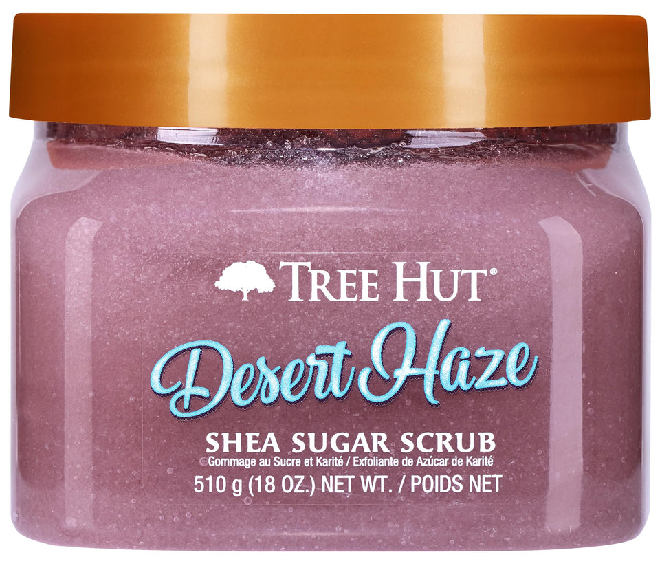 Tree Hut jar front view showing Desert Haze label and size benefits