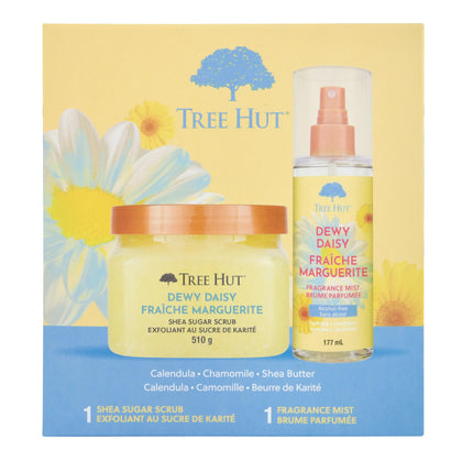 Tree Hut Dewy Daisy gift set front packaging showing both products and scent