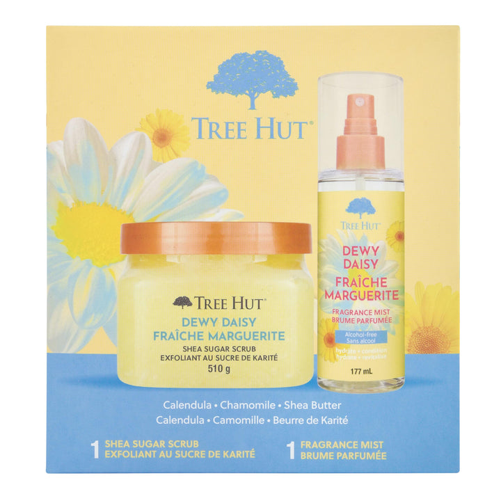 Tree Hut Dewy Daisy gift set front packaging showing both products and scent