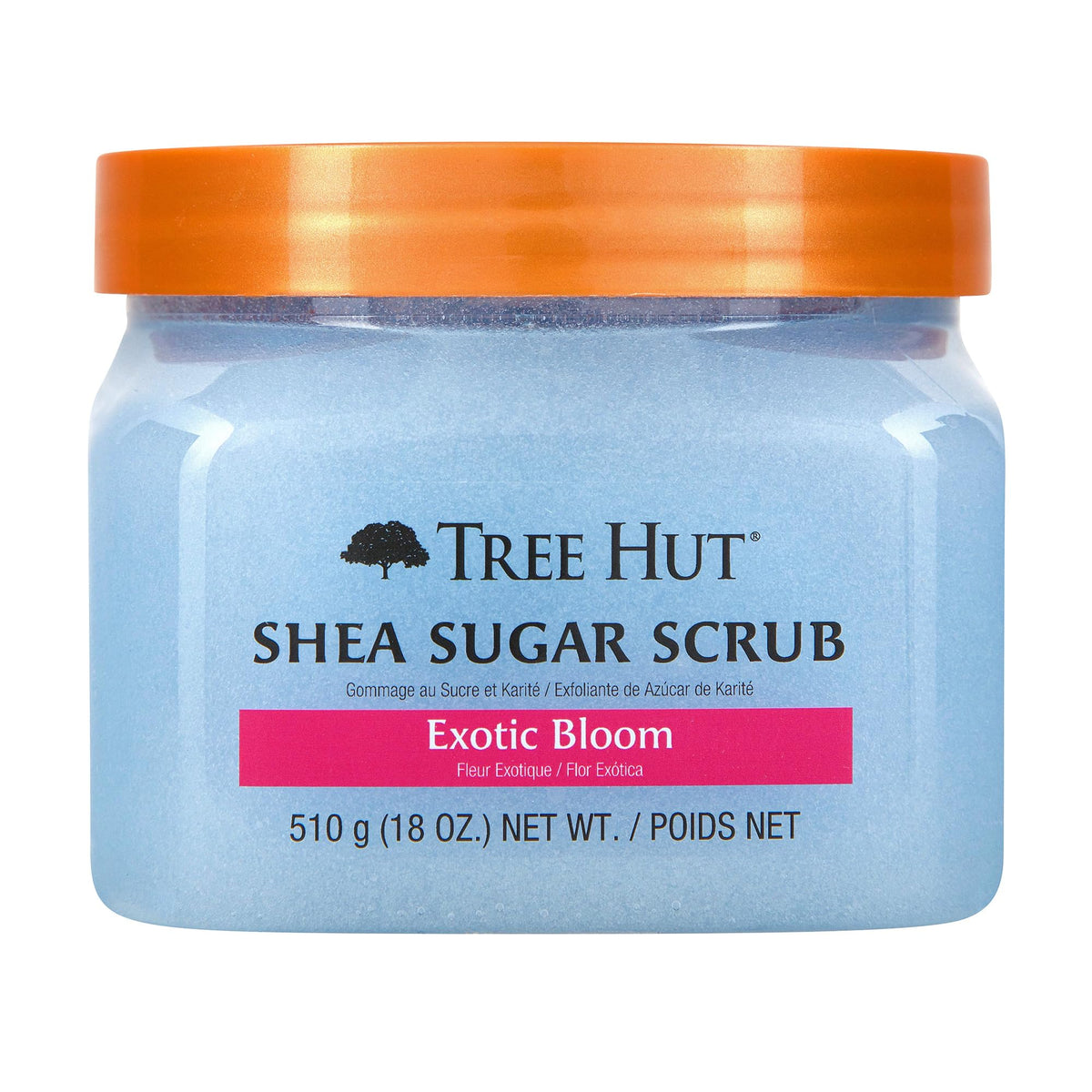 Tree Hut Exotic Bloom front tub shows product and floral scent benefits