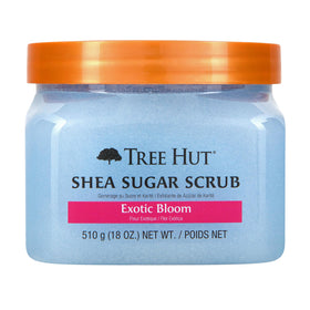 Tree Hut Exotic Bloom front tub shows product and floral scent benefits