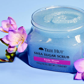 Tree Hut Exotic Bloom lid label detail shows ingredient transparency benefit