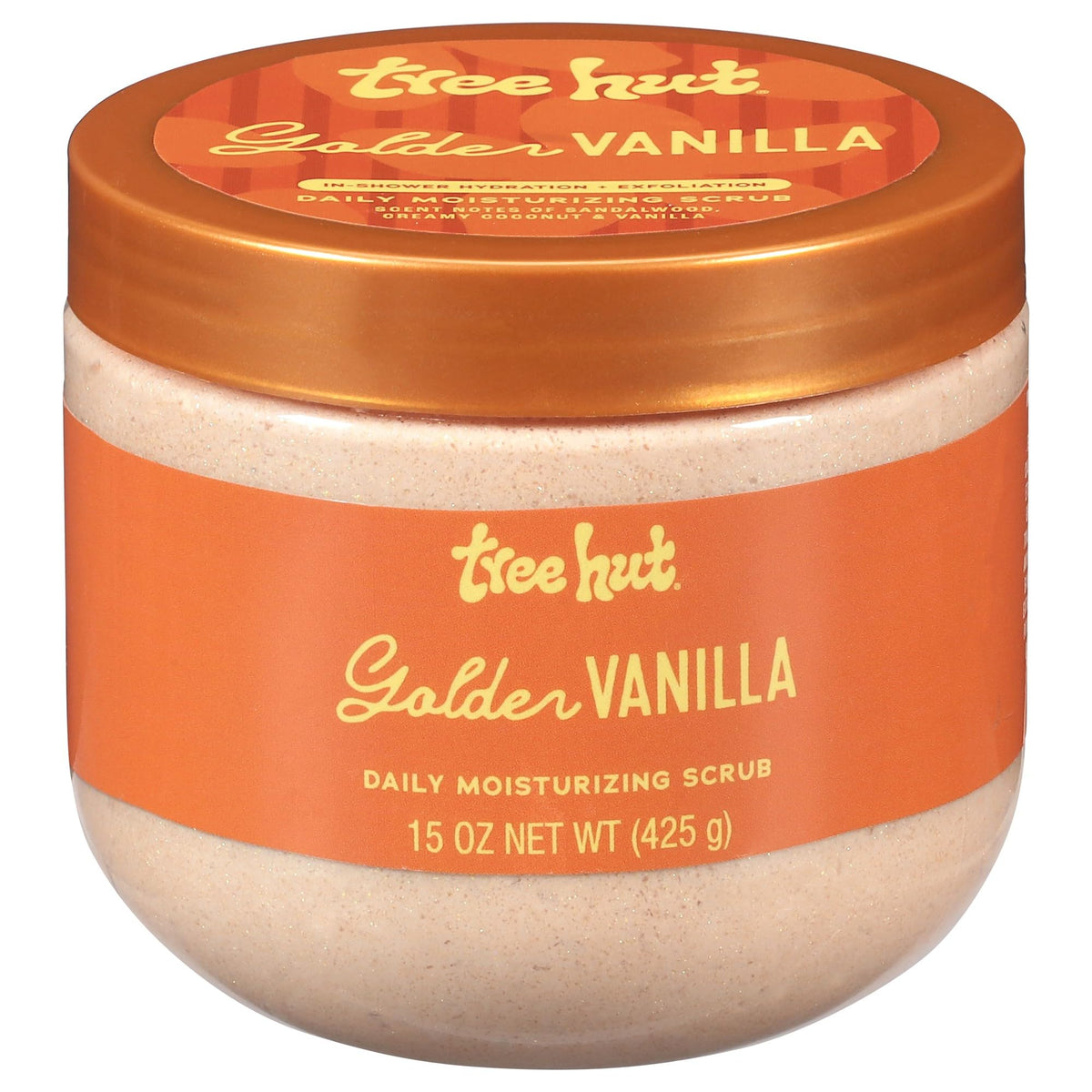 Tree Hut jar front view showing label and warm golden vanilla scent benefit