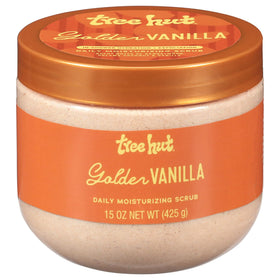 Tree Hut jar front view showing label and warm golden vanilla scent benefit
