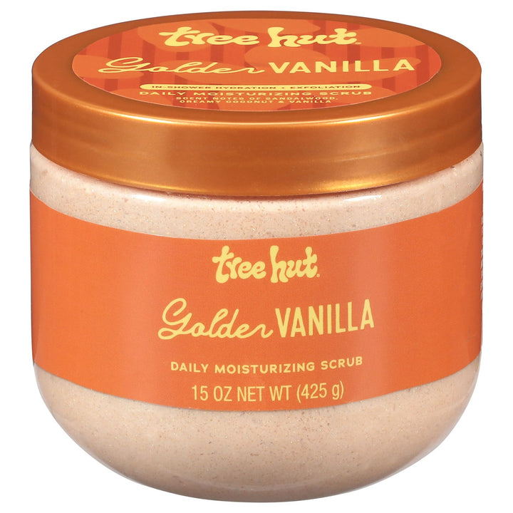 Tree Hut jar front view showing label and warm golden vanilla scent benefit
