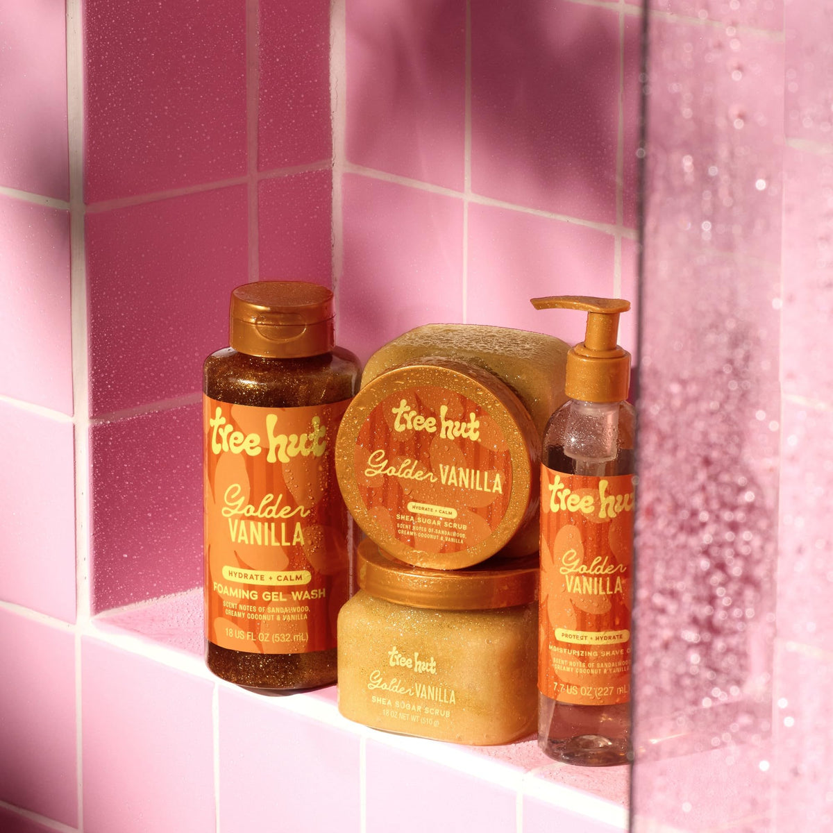 Tree Hut scrub in bathroom setting illustrating relaxing shower experience benefit