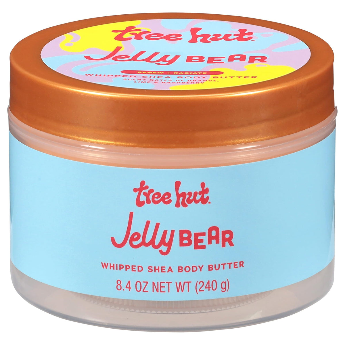 Tree Hut front packaging showing vibrant jelly bear jar and enticing fragrance benefit