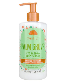 Tree Hut front bottle view showing Palm Grove serum and 11 oz size benefits