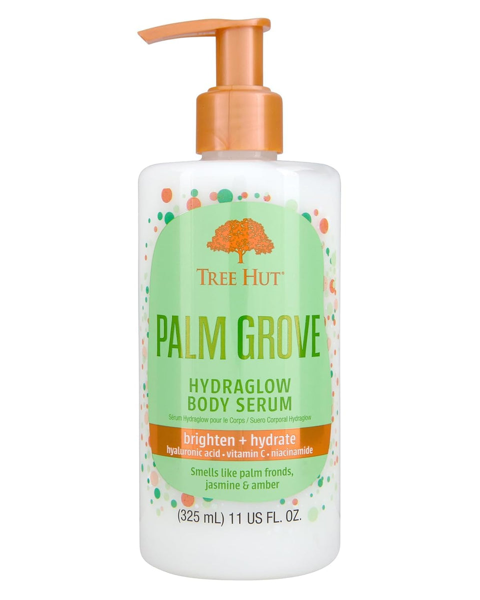 Tree Hut front bottle view showing Palm Grove serum and 11 oz size benefits