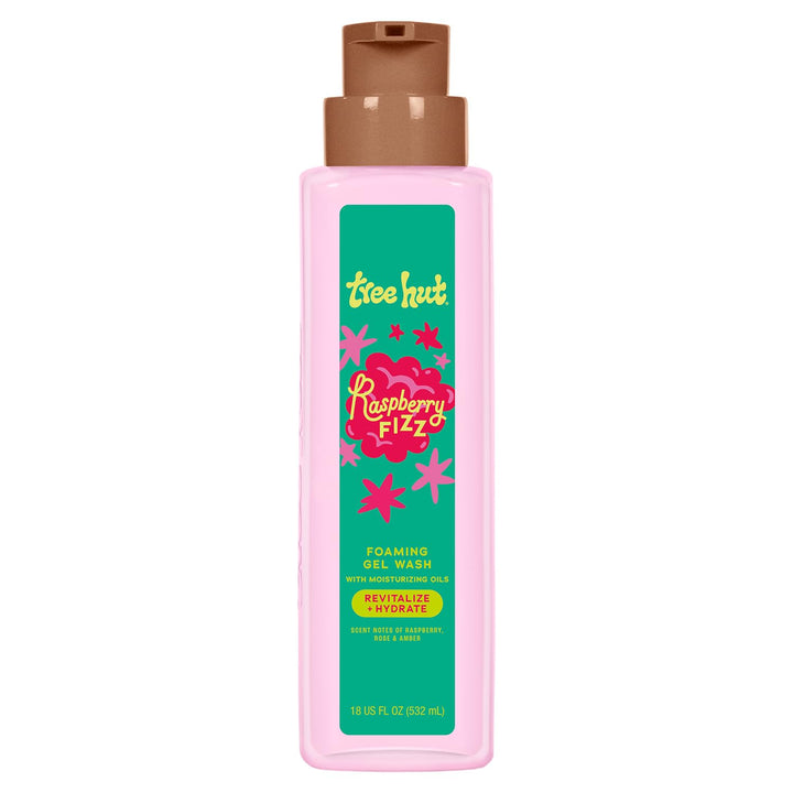 Tree Hut front packaging showing raspberry fizz bottle and vibrant label for quick recognition and appeal