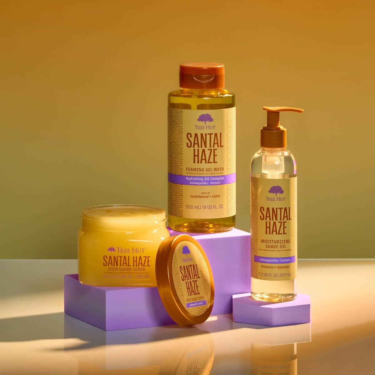 Tree Hut on bathroom shelf styled for daily routine and cozy aroma
