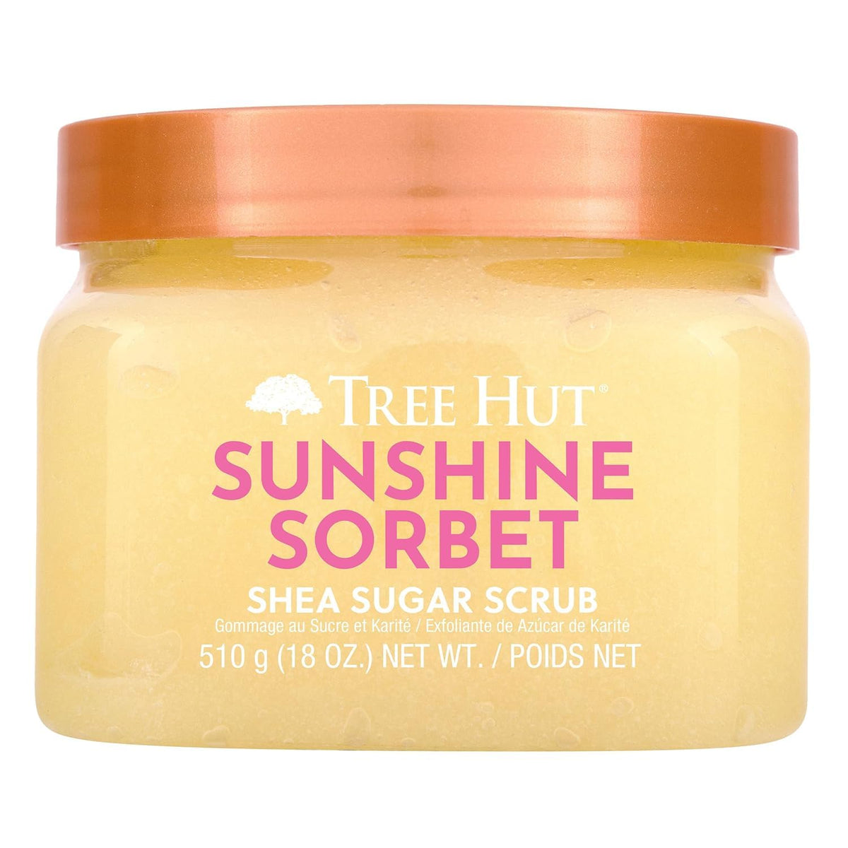 Tree Hut front jar showing 18 fl oz label and sunny citrus packaging benefits bright scent