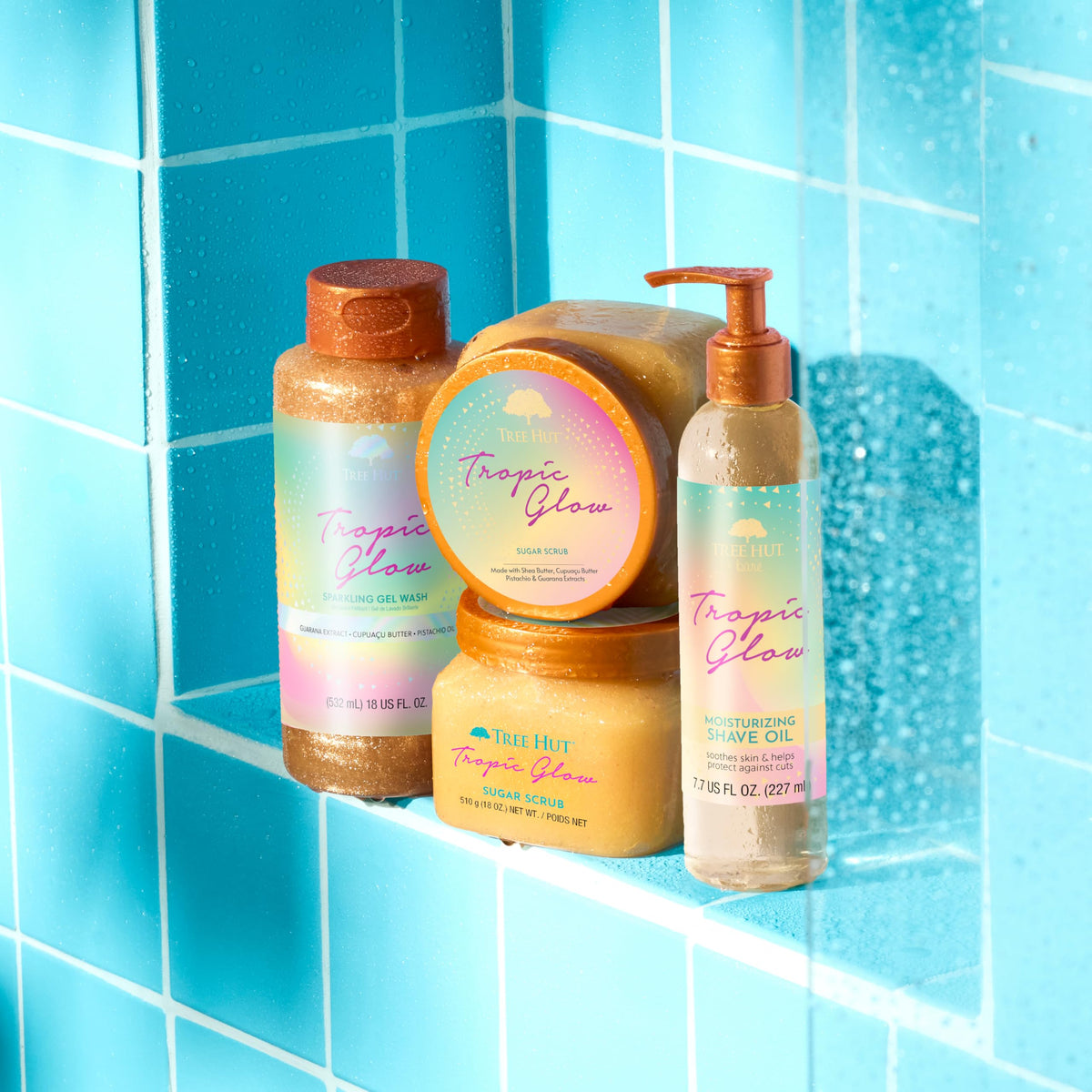 Tree Hut bottle in styled bathroom suggesting spa-like self-care