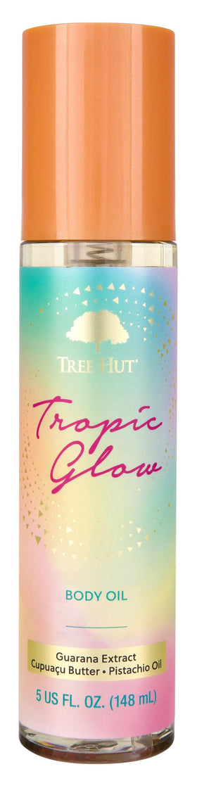 Tree Hut bottle front view showing Tropic Glow and warm scent benefits