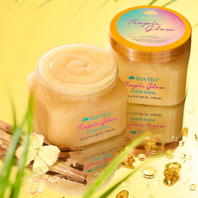 Tree Hut Tropic Glow open jar close-up of sugar scrub texture and buttery consistency for gentle buffing