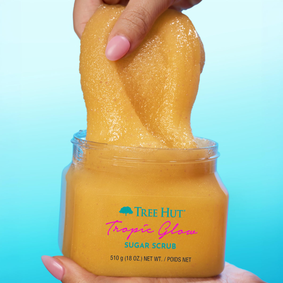 Tree Hut Tropic Glow scent concept with almond and sandalwood visuals conveying warm, beachy fragrance