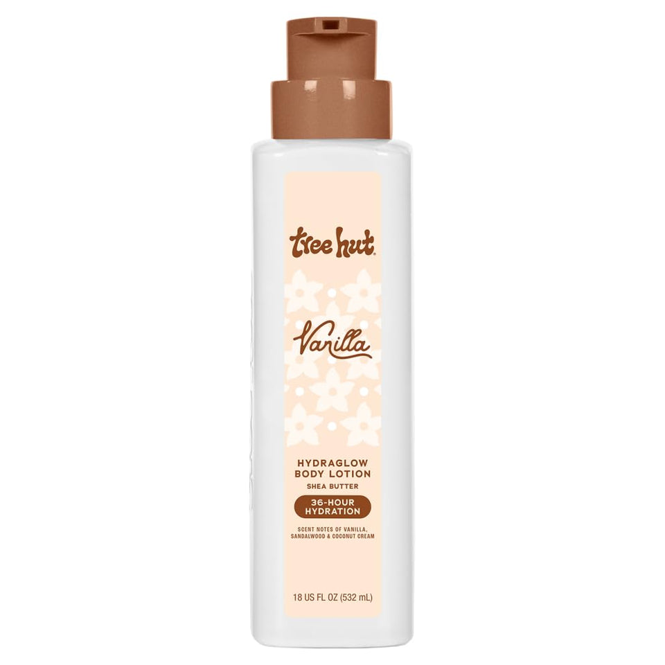 Tree Hut bottle front view showing pump and vanilla scent benefits