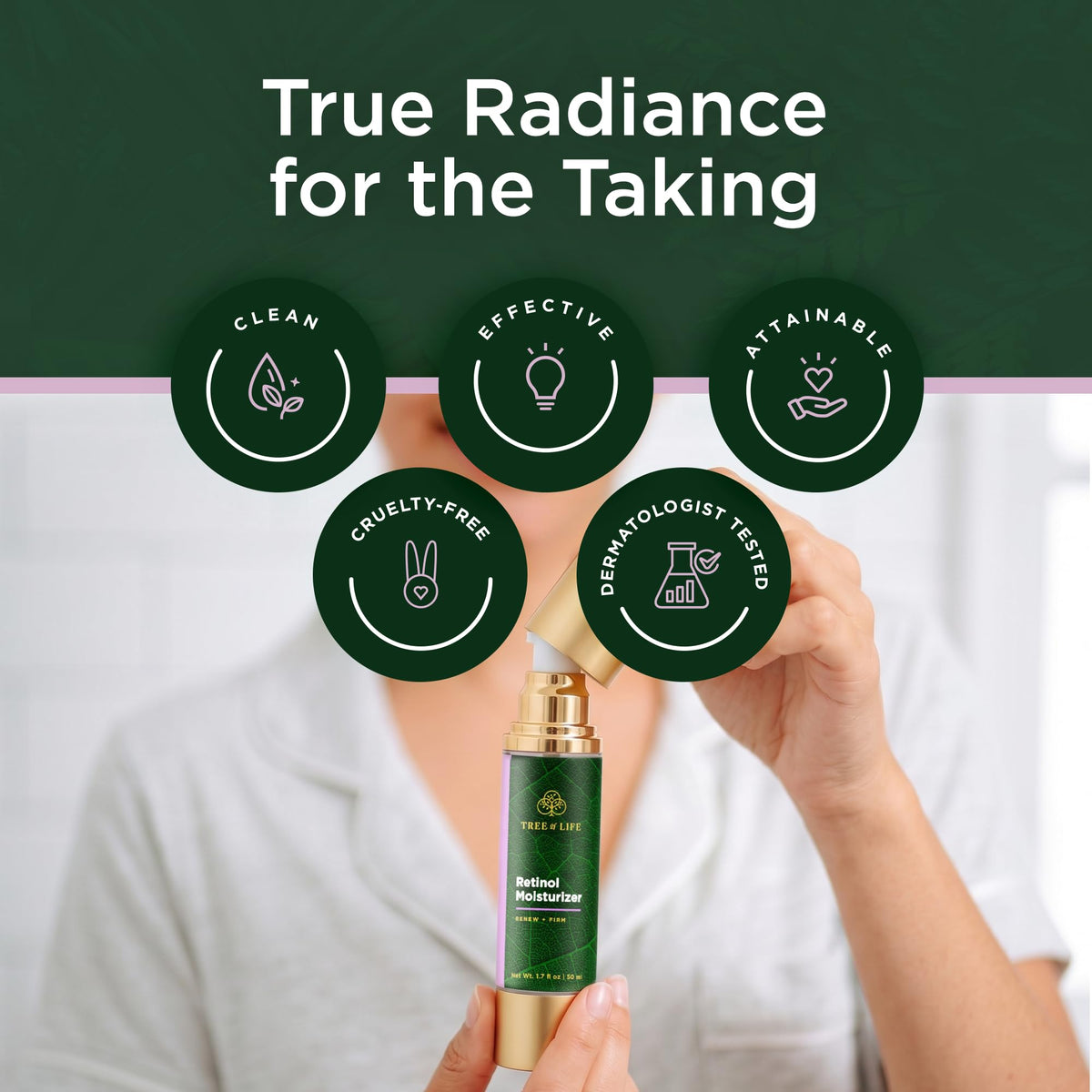 Tree of Life Beauty on bathroom vanity conveying daily skincare ritual