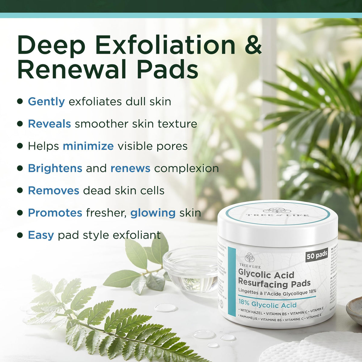 Tree of Life Beauty pad in hand wiping face displaying easy application and quick exfoliation