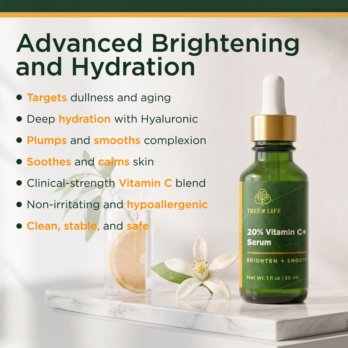 Tree of Life bottle beside hyaluronic acid and jojoba, communicates key ingredients