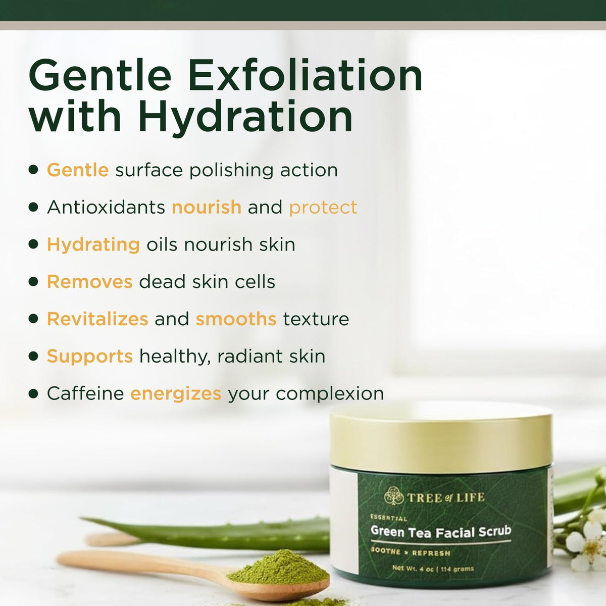 Tree of Life scrub in hand being applied to skin demonstrating easy spread and glide