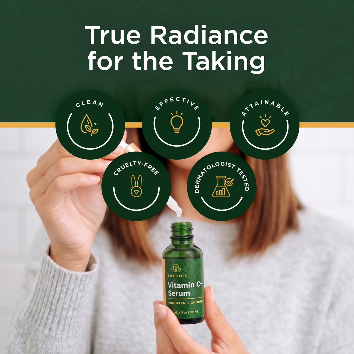 Tree of Life serum on bathroom counter in morning routine, evokes daily use benefit