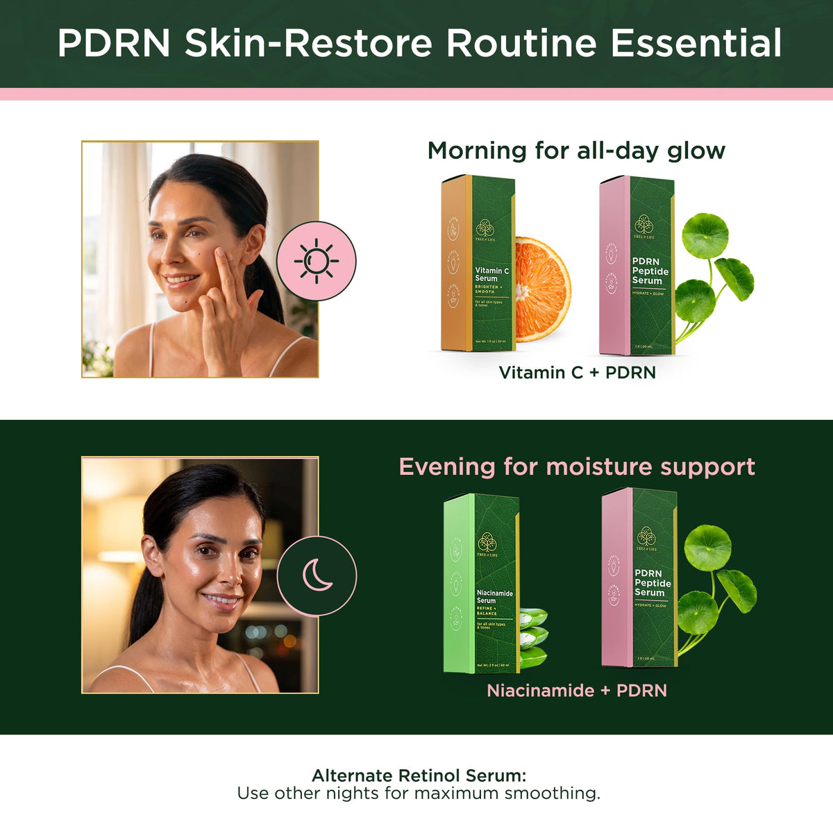 Tree of Life bottle next to moisturizer showing easy layering in routine