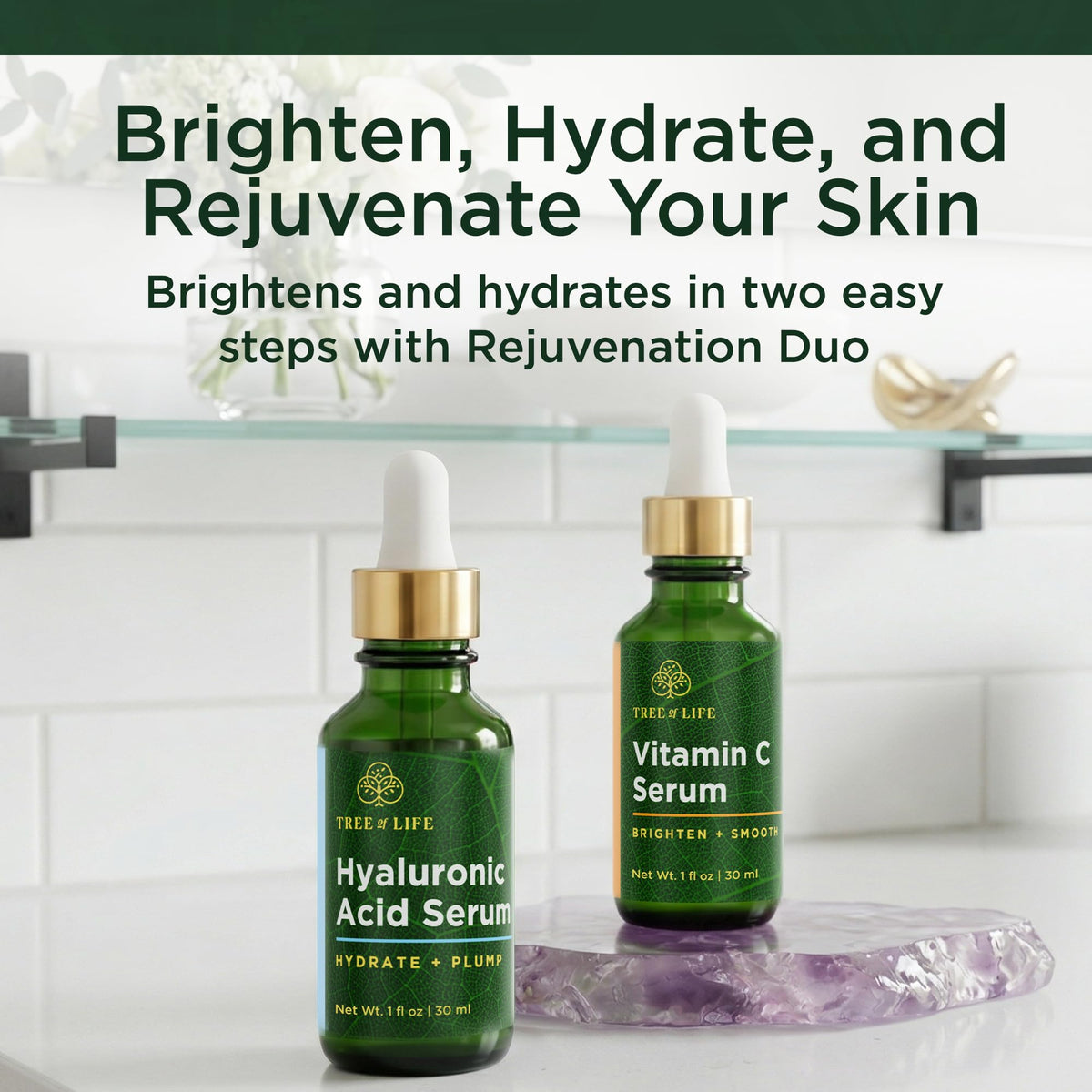 Tree of Life serums side by side highlighting the duo and easy layering for brighter, hydrated skin