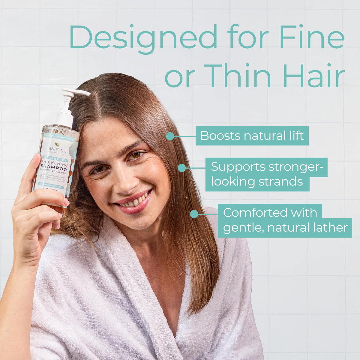 Tree To Tub bottle held in hand showing product size and portability