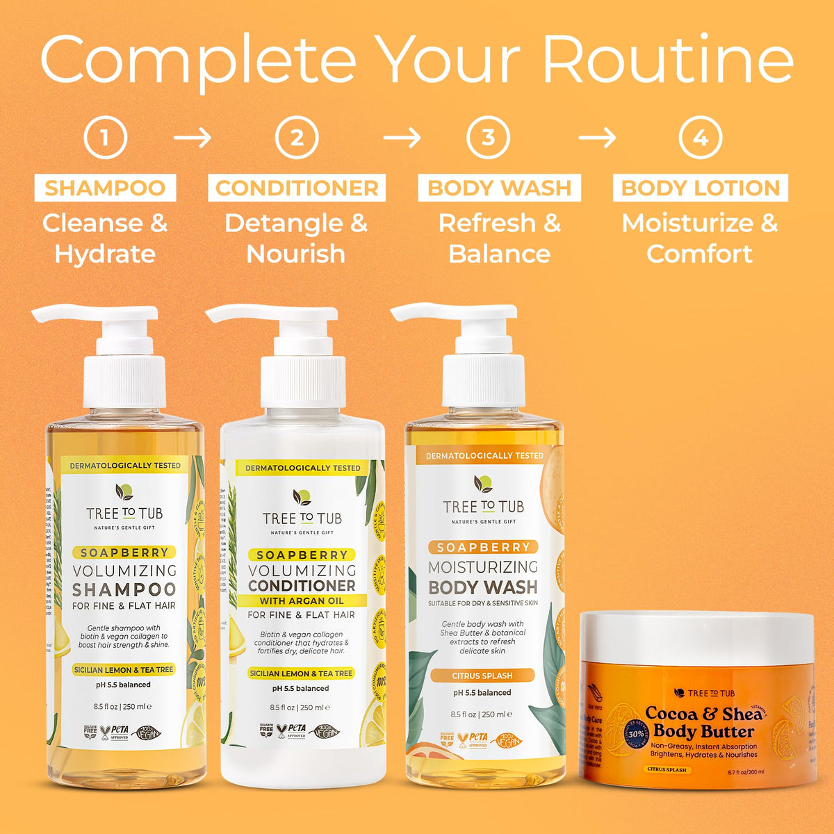 Tree To Tub bottle on bathroom shelf staged for a fresh citrus routine
