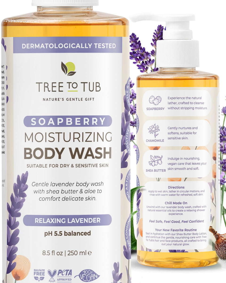 Tree To Tub front packaging showing lavender label and soothing design
