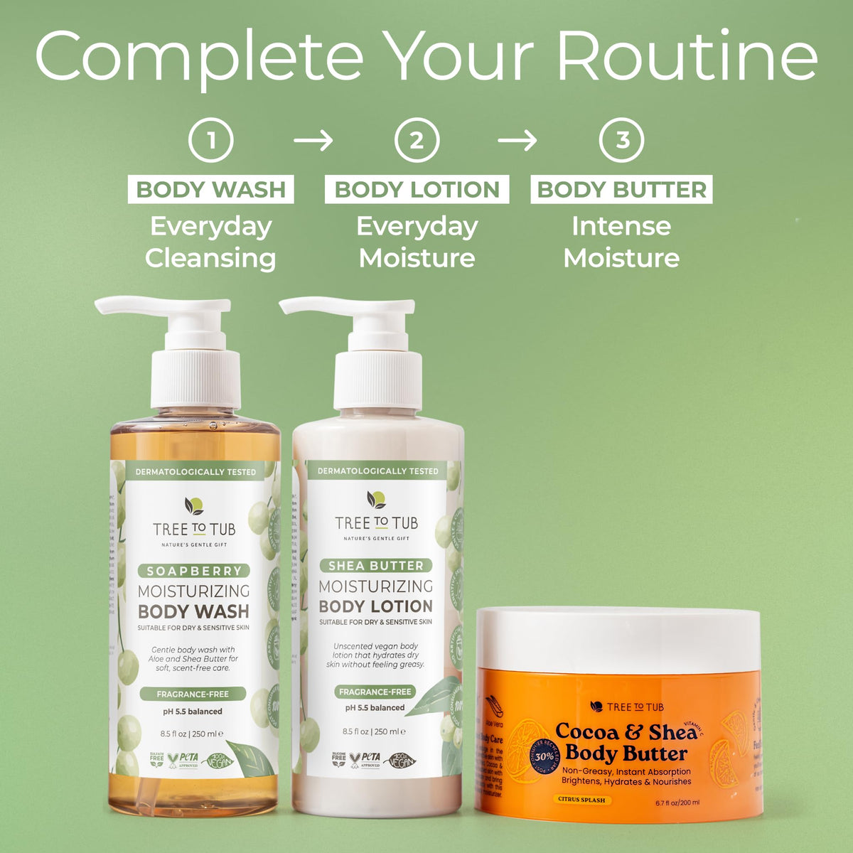 Tree To Tub bottle on bathroom counter promoting daily routine