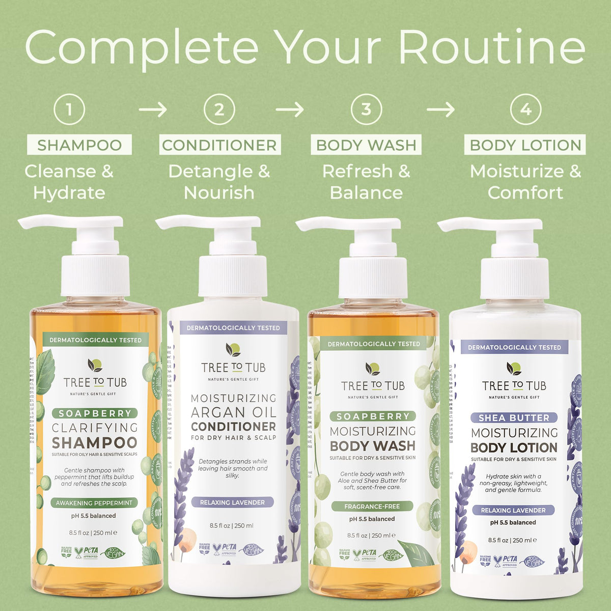 Tree To Tub lifestyle bathroom scene showing calm, everyday moisturizing routine
