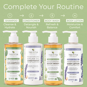 Tree To Tub lifestyle bathroom scene showing calm, everyday moisturizing routine