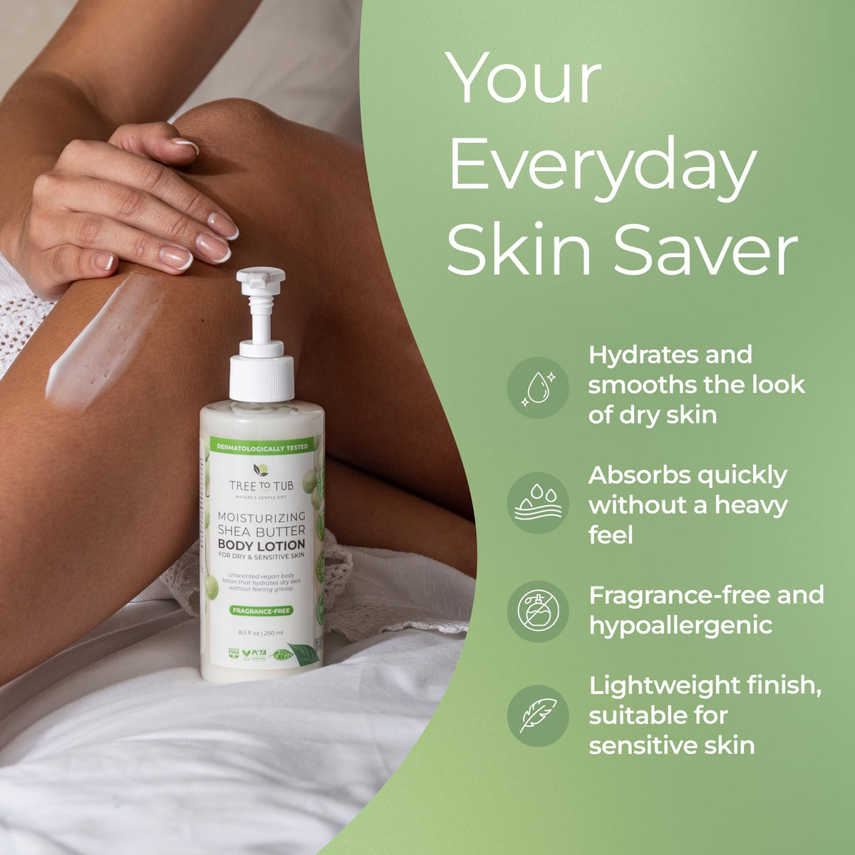 Tree To Tub pump dispensing lotion for fast-absorbing use