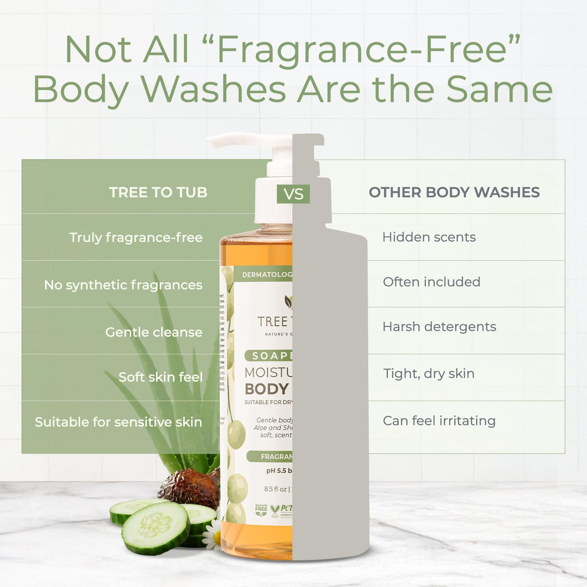 Tree To Tub in-shower use image illustrating soothing, fragrance-free wash
