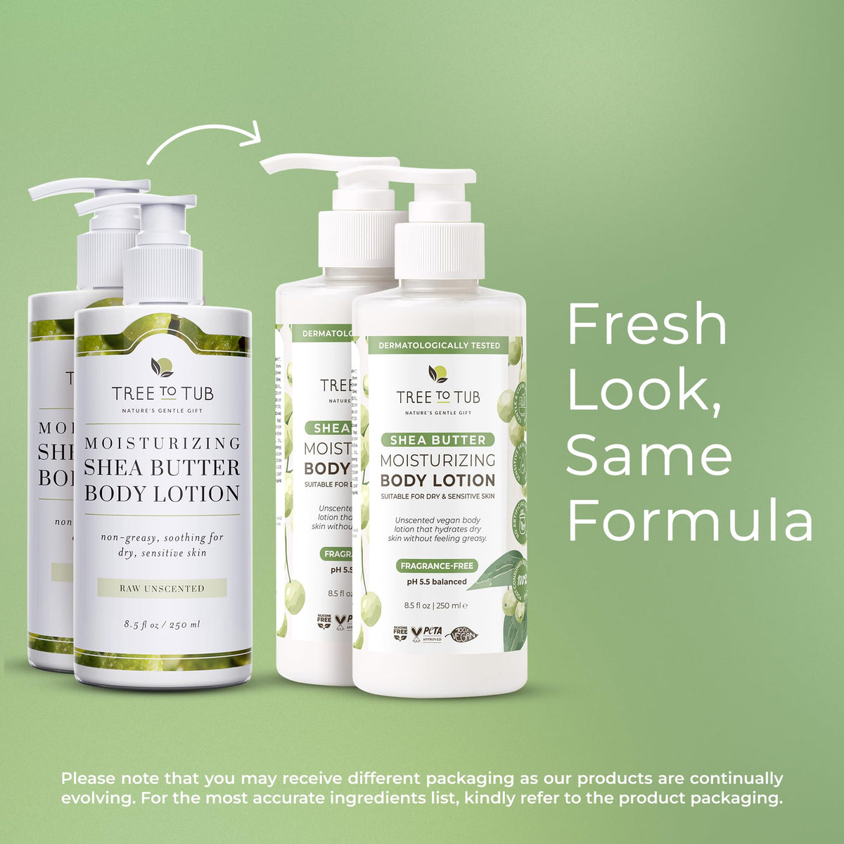 Tree To Tub lotion next to hand showing 8.5 fl oz scale