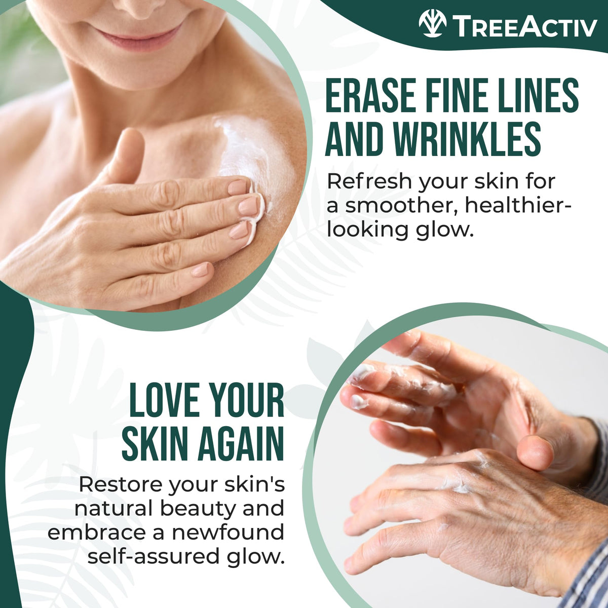 TreeActiv cream being applied to neck, demonstrates smoothing and firming benefit