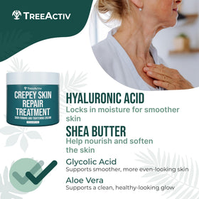 TreeActiv ingredients flatlay showing hyaluronic and shea butter, communicates active benefits