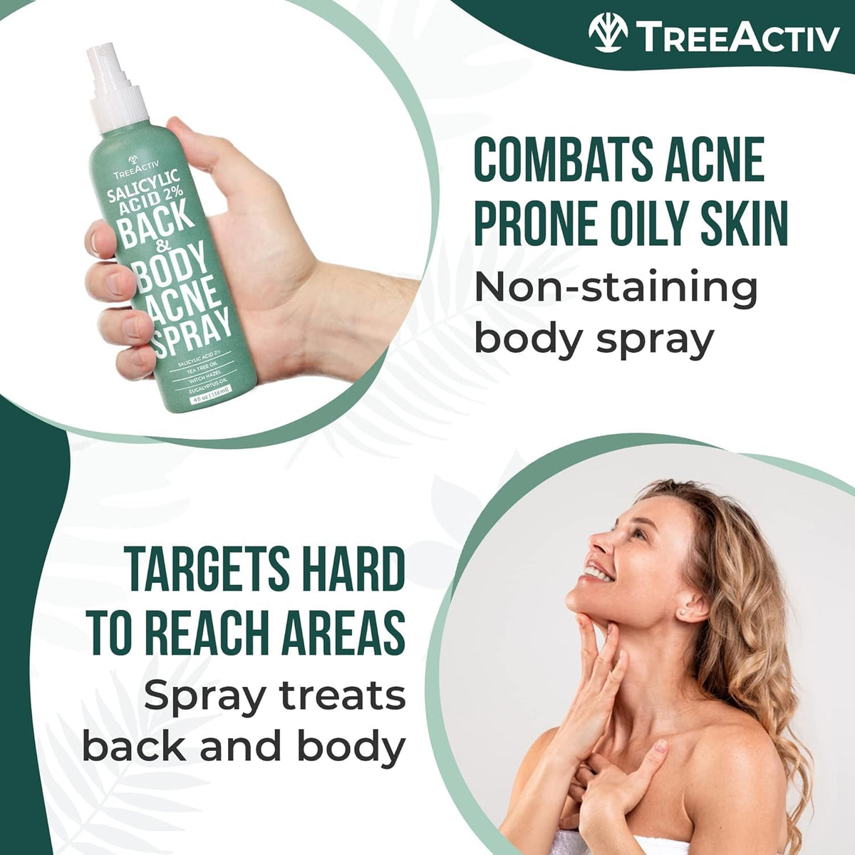 TreeActiv mist spraying on skin demonstrating quick-dry, no-rub application