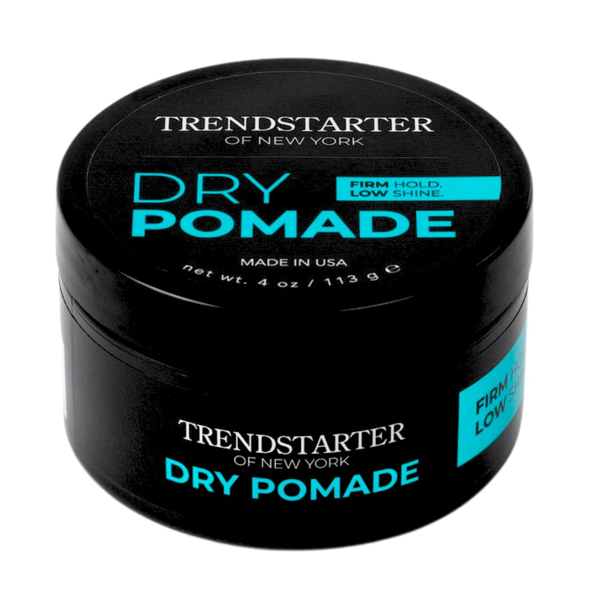TRENDSTARTER dry pomade front jar showing branding and compact design for convenience